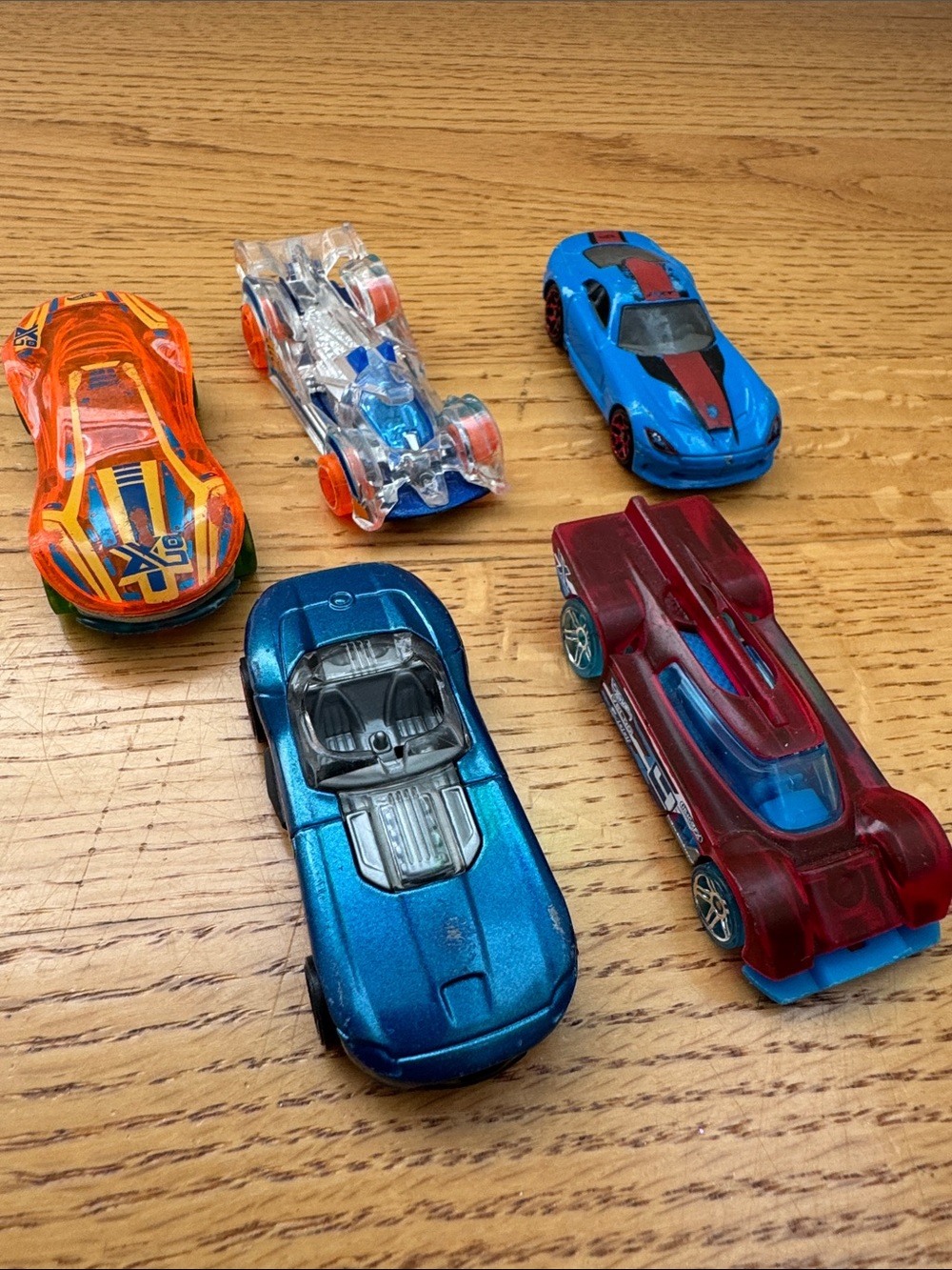 5-Piece Kids Toy Car Set — Blue, Orange, Red & Clear Assorted Vehicles
